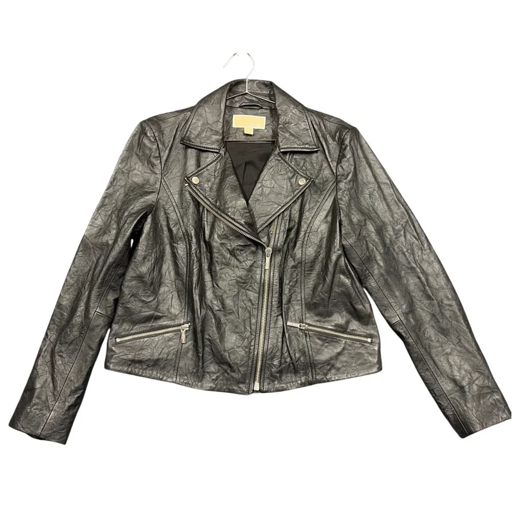 Michael Kors Jacket Womens XL Black Leather Moto Biker Lambskin Zip Up Coat